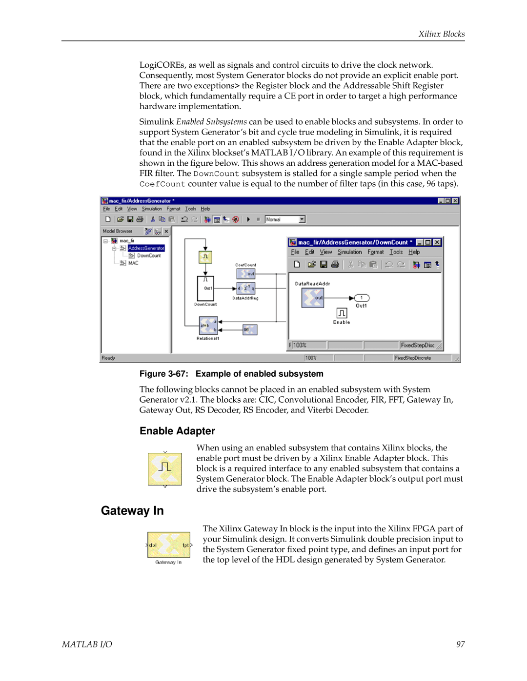 Xilinx V2.1 manual Gateway In, Enable Adapter, Matlab I/O, Xilinx Blocks 