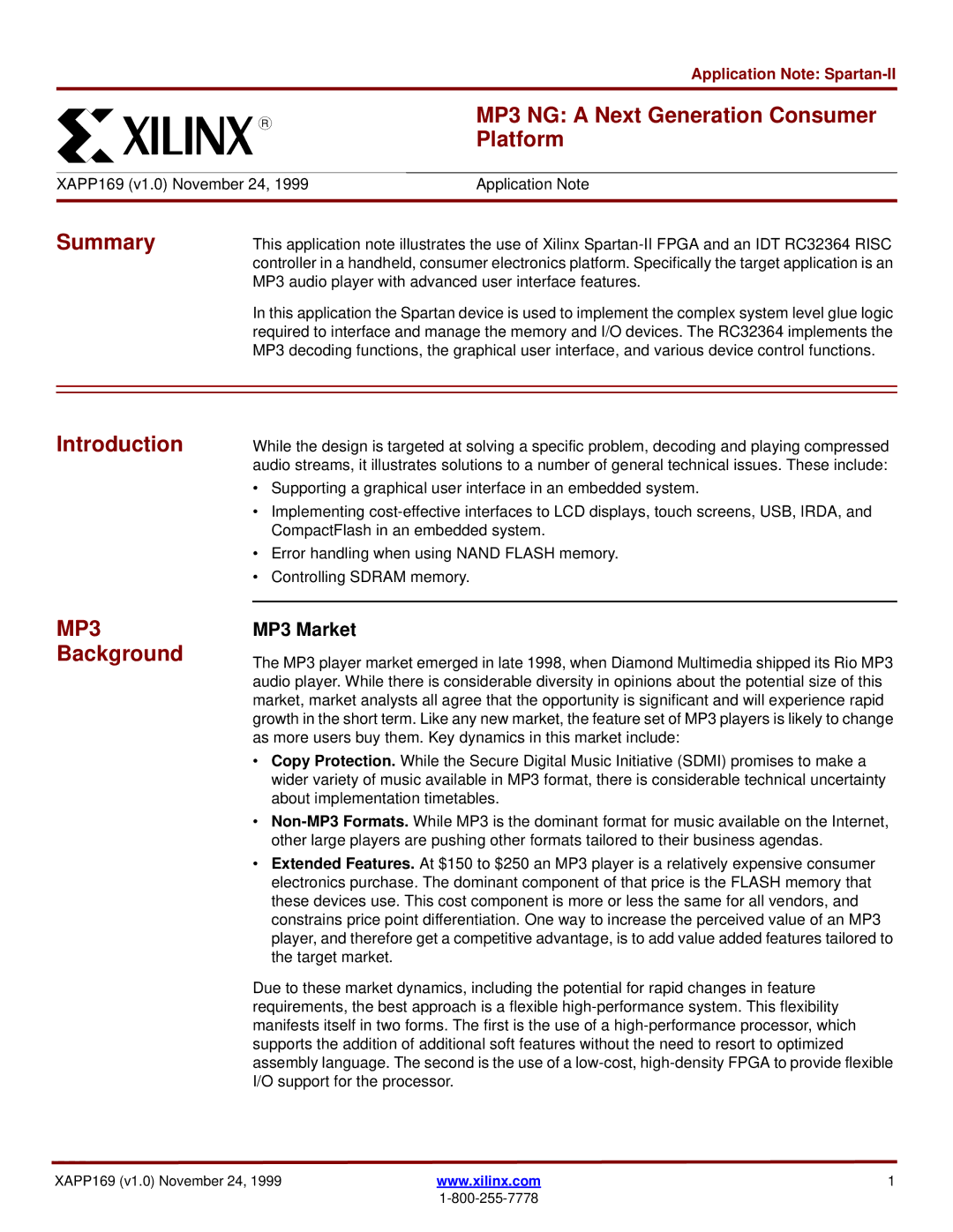 Xilinx XAPP169 manual MP3 NG a Next Generation Consumer Platform, Summary, Introduction, MP3 Background, MP3 Market 