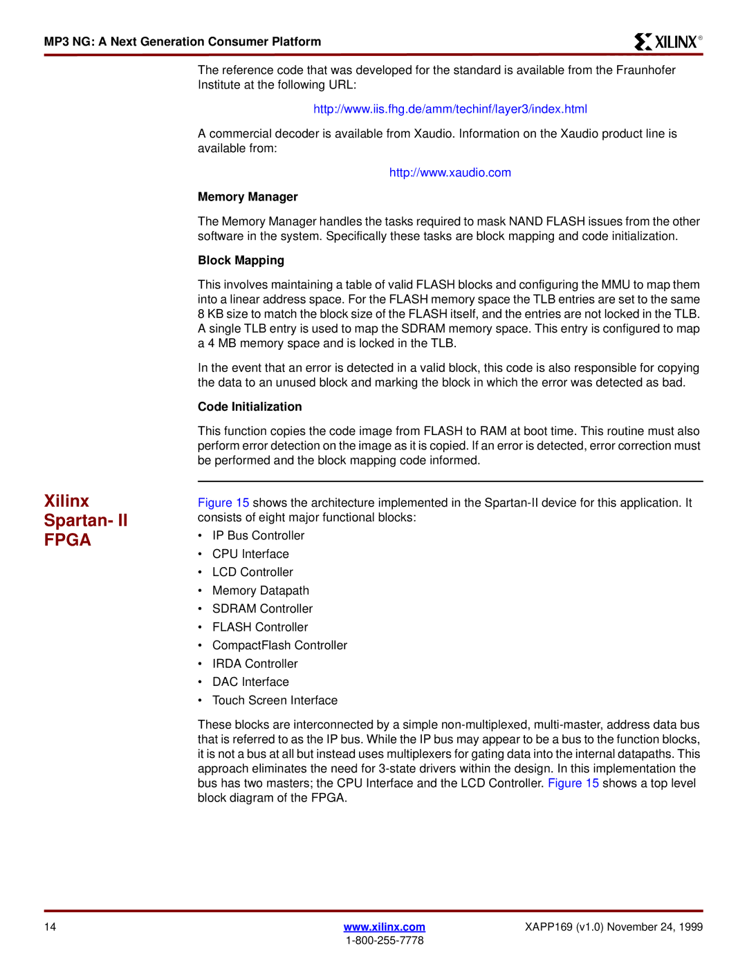 Xilinx XAPP169 manual Xilinx Spartan, Memory Manager, Block Mapping, Code Initialization 