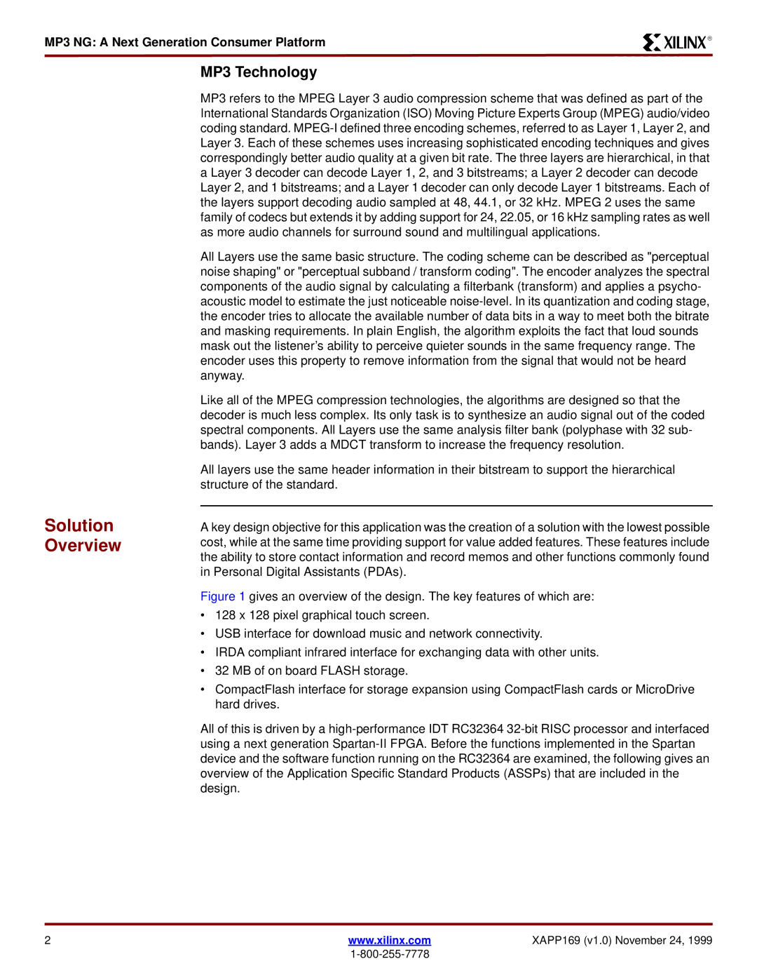 Xilinx XAPP169 manual Solution Overview, MP3 Technology, MP3 NG a Next Generation Consumer Platform 