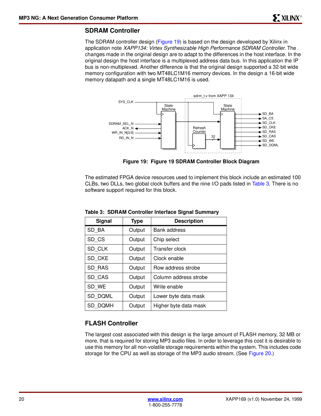 Xilinx XAPP169 manual Flash Controller, Sdram Controller Interface Signal Summary Type Description 