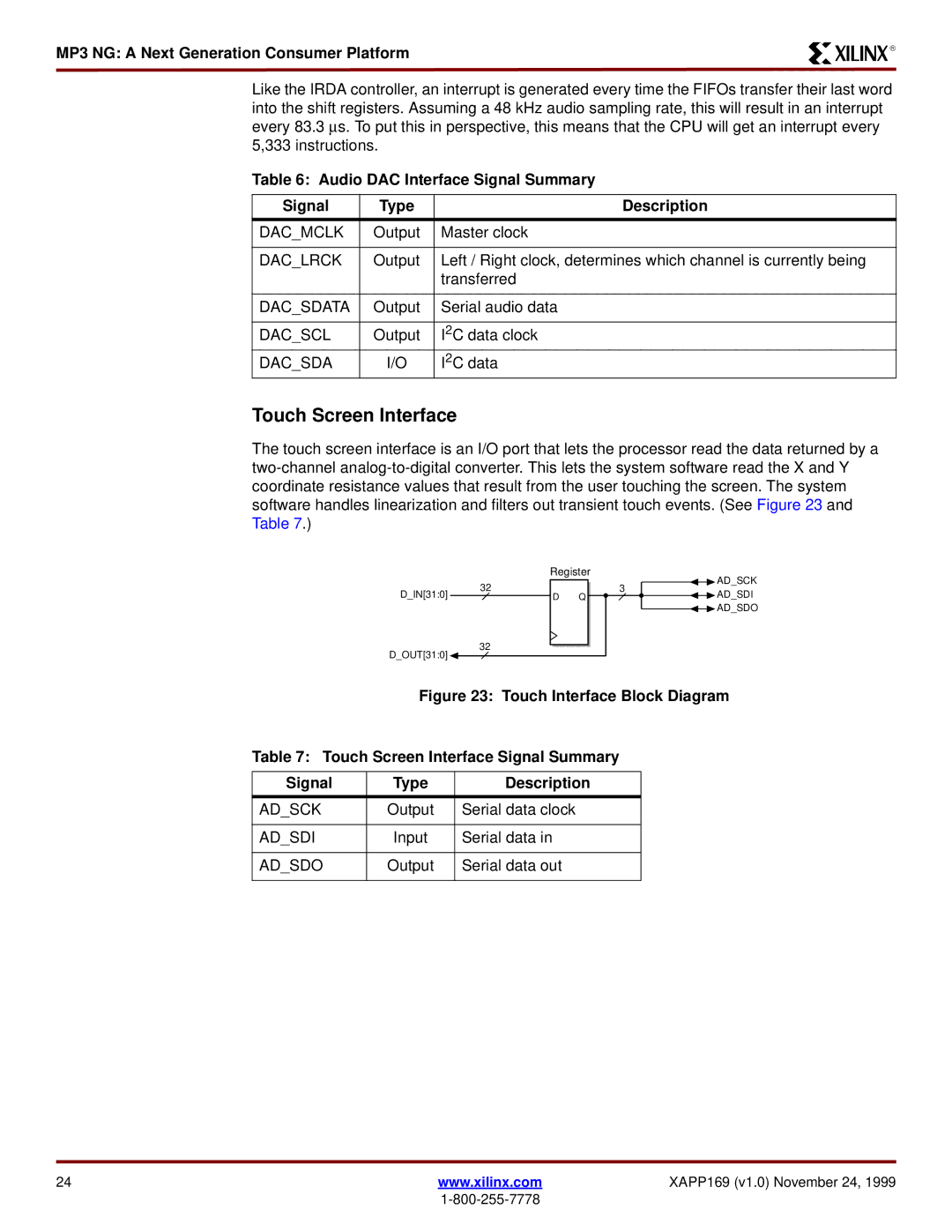 Xilinx XAPP169 manual Touch Screen Interface, Audio DAC Interface Signal Summary Type Description 