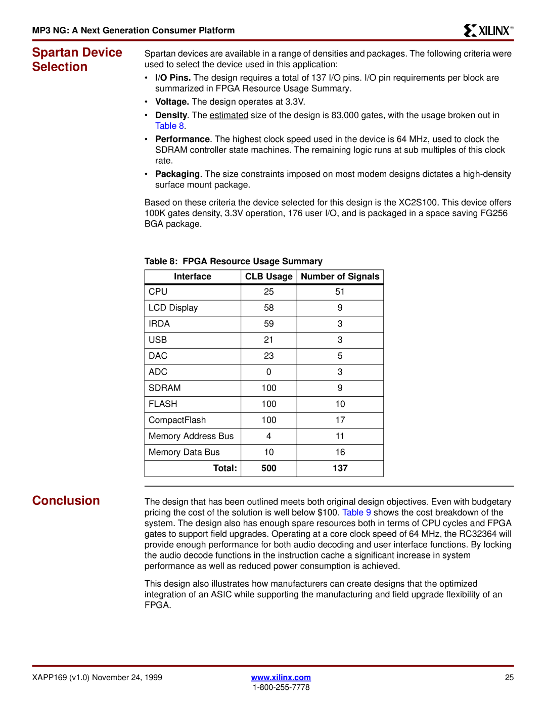 Xilinx XAPP169 manual Conclusion, Spartan Device Selection, Total 500 137 