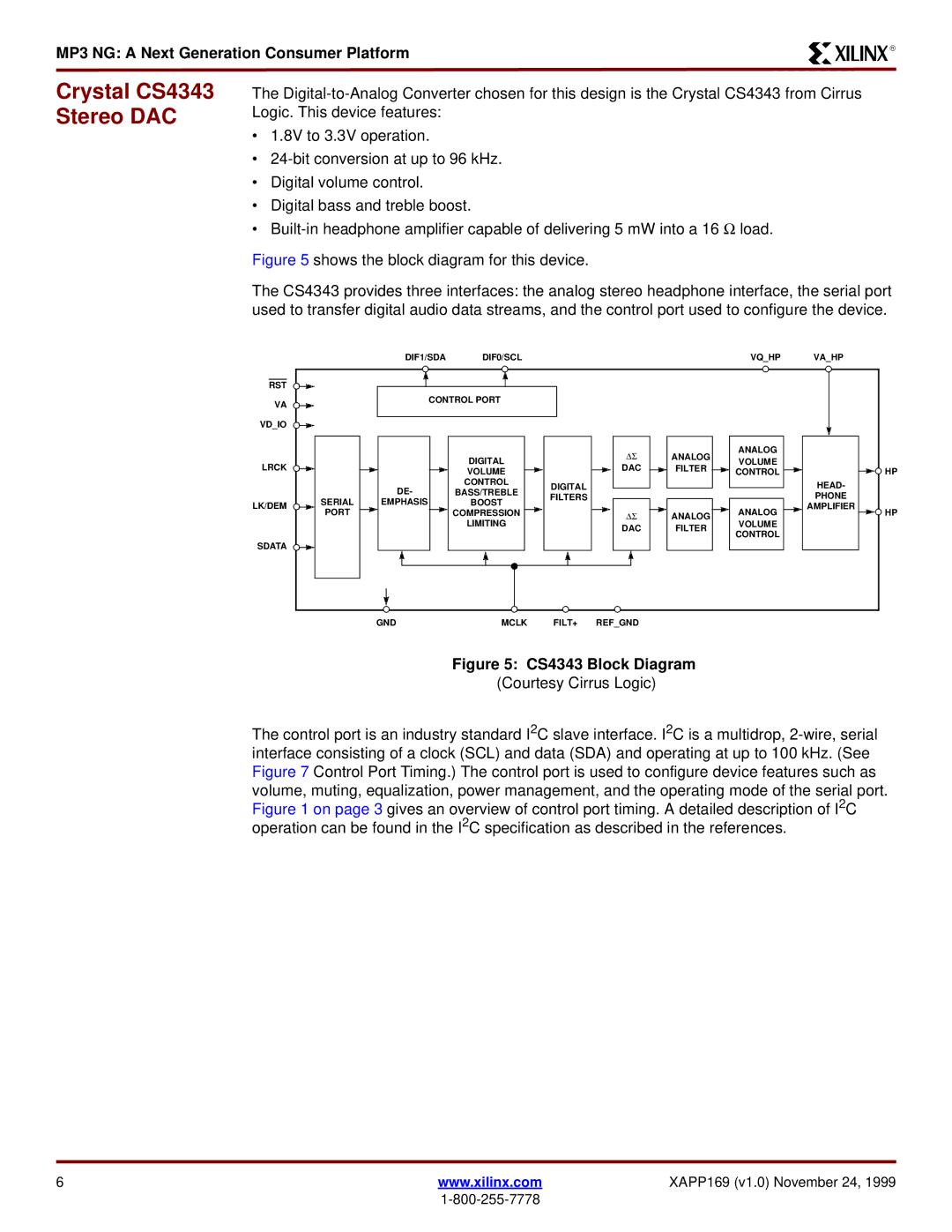 Xilinx XAPP169 manual Crystal CS4343 Stereo DAC, CS4343 Block Diagram 