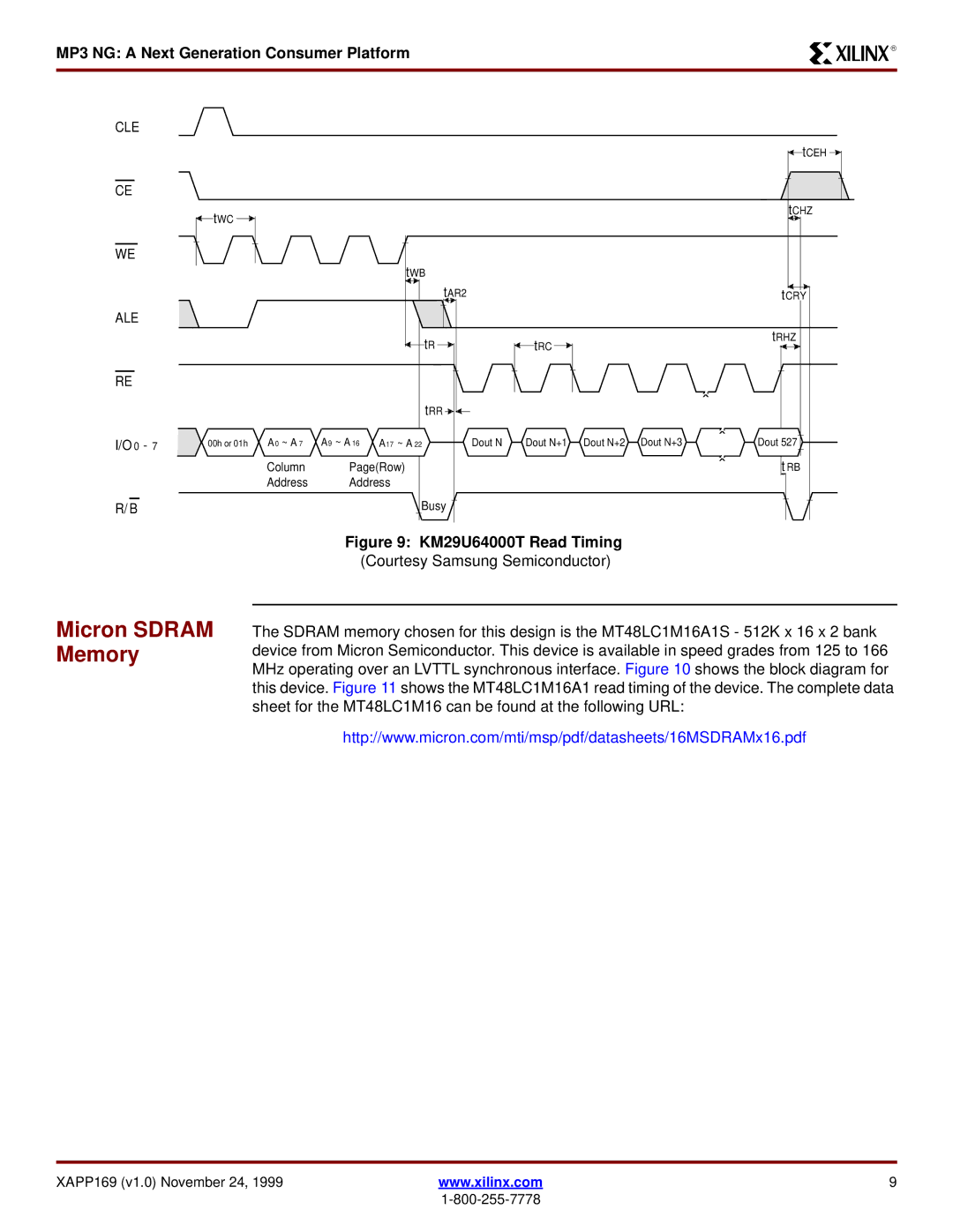 Xilinx XAPP169 manual Micron Sdram Memory, KM29U64000T Read Timing 