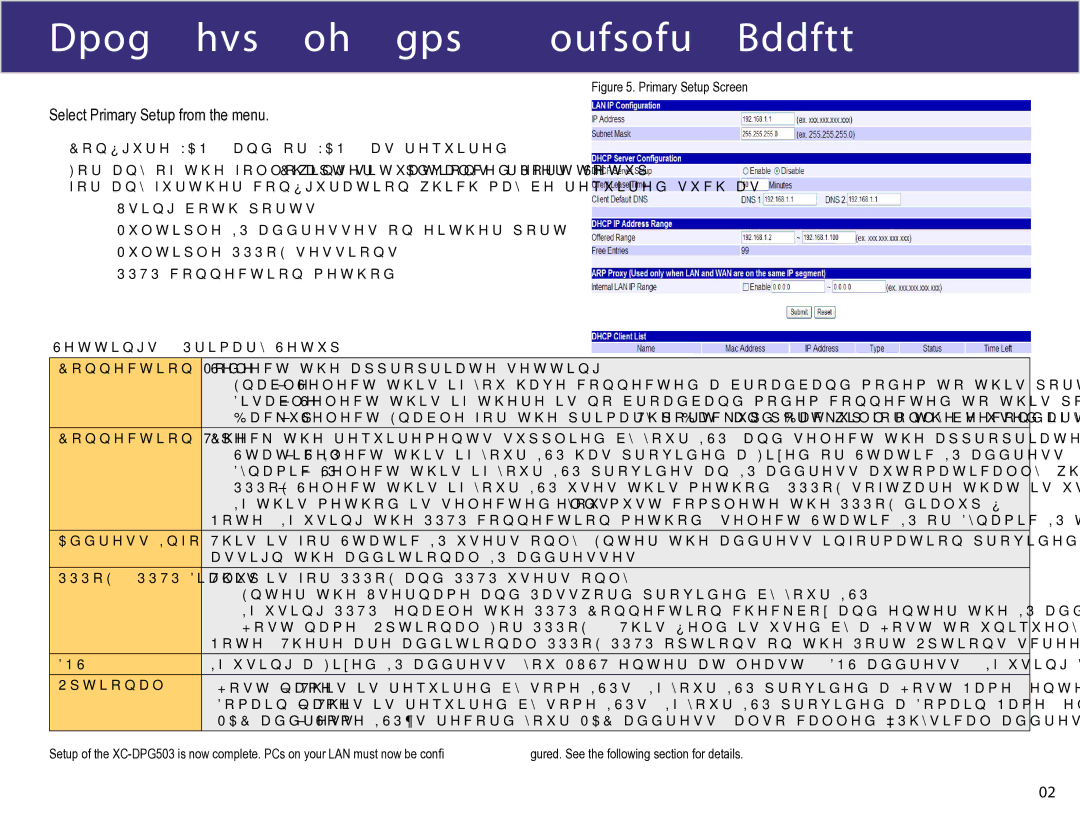 XiNCOM XC-DPG503 Configuring for Internet Access, Settings Primary Setup Connection Mode, Connection Type, Address Info 