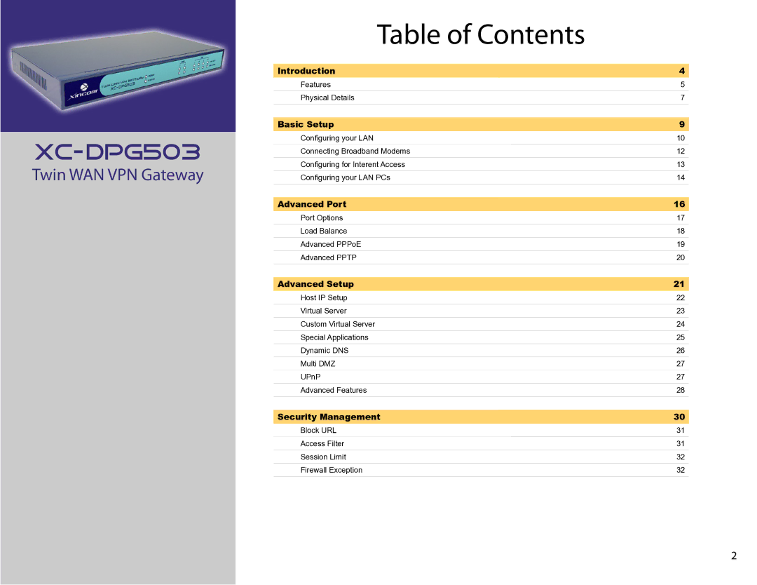 XiNCOM XC-DPG503 manual Table of Contents 