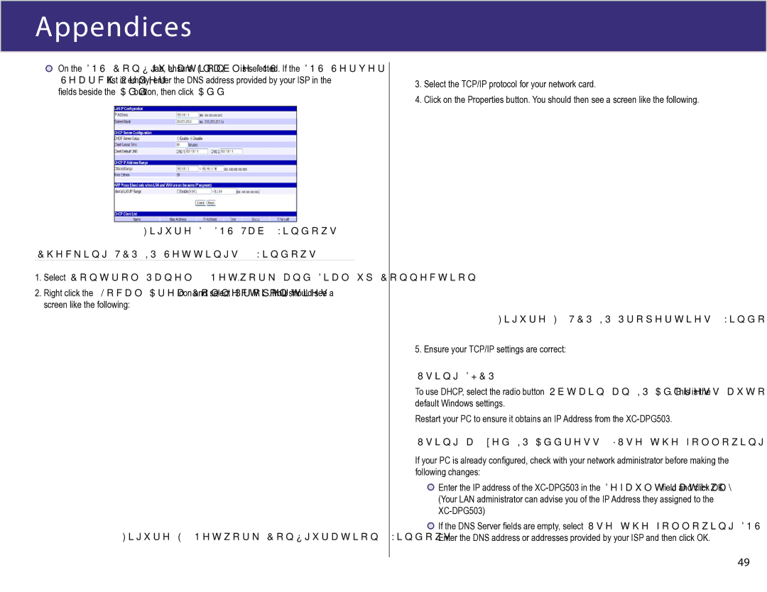 XiNCOM XC-DPG503 manual Checking TCP/IP Settings Windows, Using a ﬁxed IP Address Use the following IP Address 