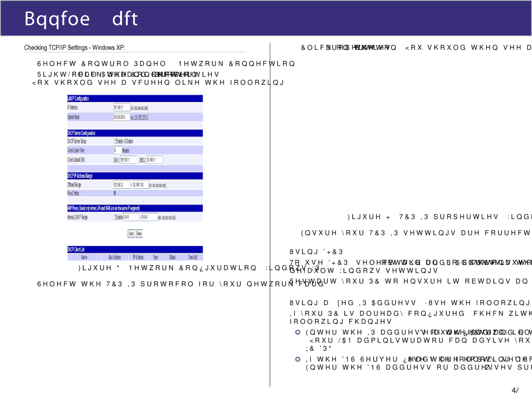 XiNCOM XC-DPG503 manual Checking TCP/IP Settings Windows XP, Figure G. Network Conﬁguration Windows XP 