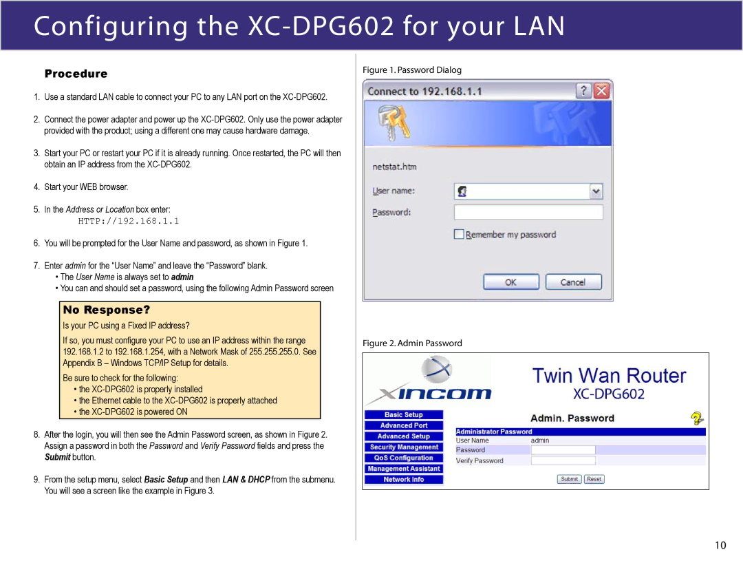 XiNCOM manual Configuring the XC-DPG602 for your LAN, Procedure, No Response? 