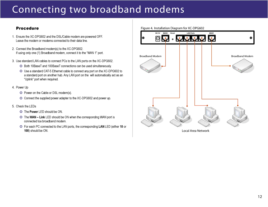 XiNCOM manual Connecting two broadband modems, Installation Diagram for XC-DPG602 