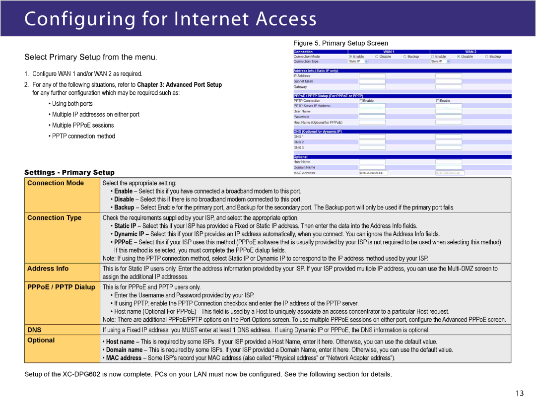 XiNCOM XC-DPG602 Configuring for Internet Access, Settings Primary Setup Connection Mode, Connection Type, Address Info 