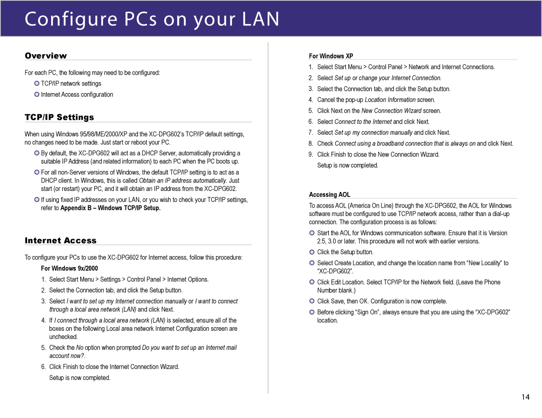 XiNCOM XC-DPG602 manual Configure PCs on your LAN, Overview, TCP/IP Settings, Internet Access 