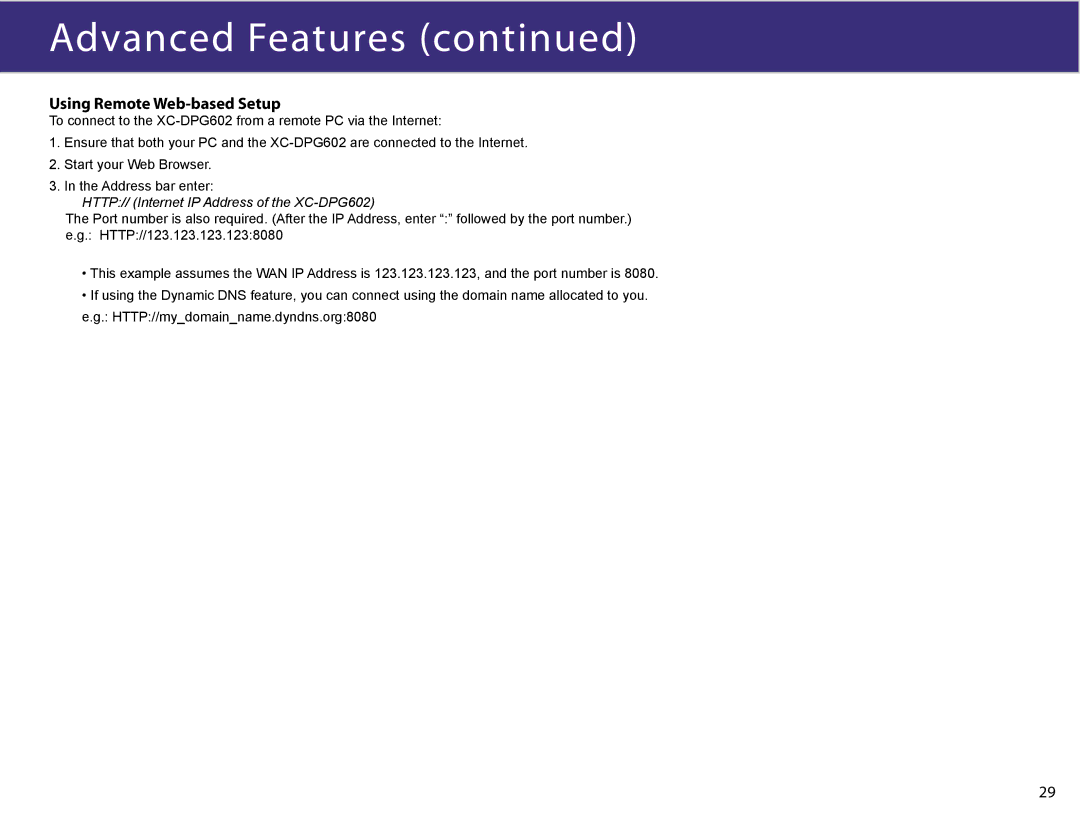 XiNCOM manual Using Remote Web-based Setup, HTTP// Internet IP Address of the XC-DPG602 