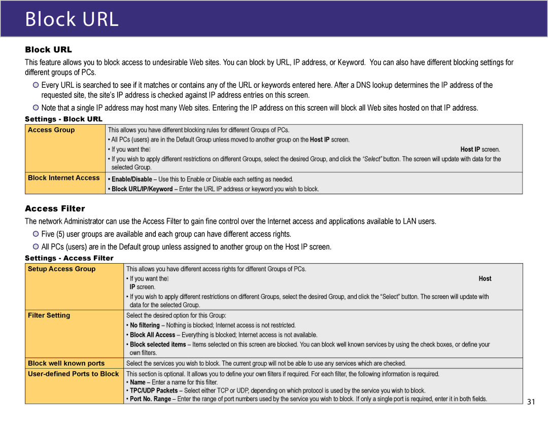XiNCOM XC-DPG602 manual Block URL, Access Filter 