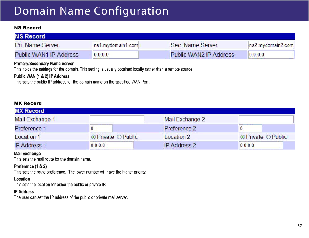 XiNCOM XC-DPG602 NS Record Primary/Secondary Name Server, Public WAN 1 & 2 IP Address, MX Record Mail Exchange, Location 