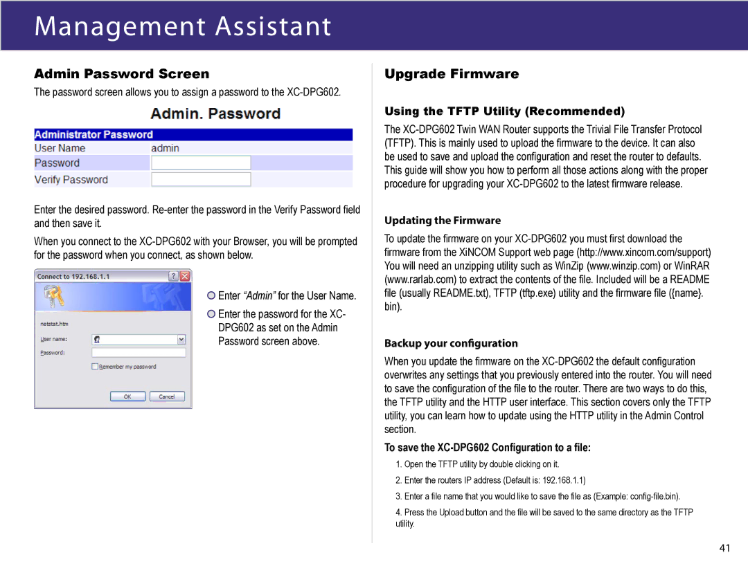 XiNCOM XC-DPG602 manual Admin Password Screen, Upgrade Firmware, Using the Tftp Utility Recommended 