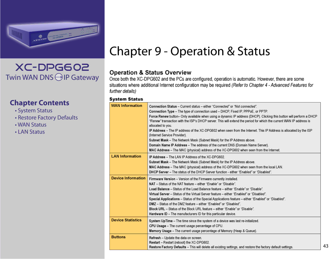 XiNCOM XC-DPG602 manual Operation & Status Overview, System Status 