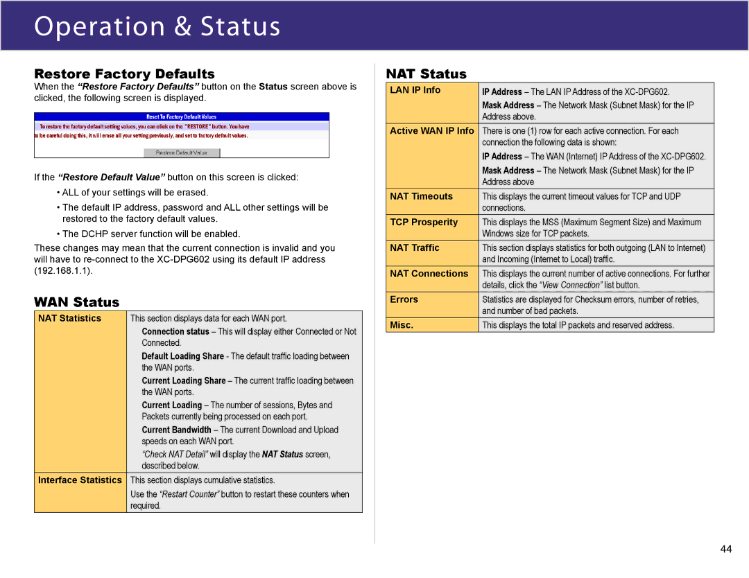 XiNCOM XC-DPG602 manual Operation & Status, Restore Factory Defaults, WAN Status, NAT Status 