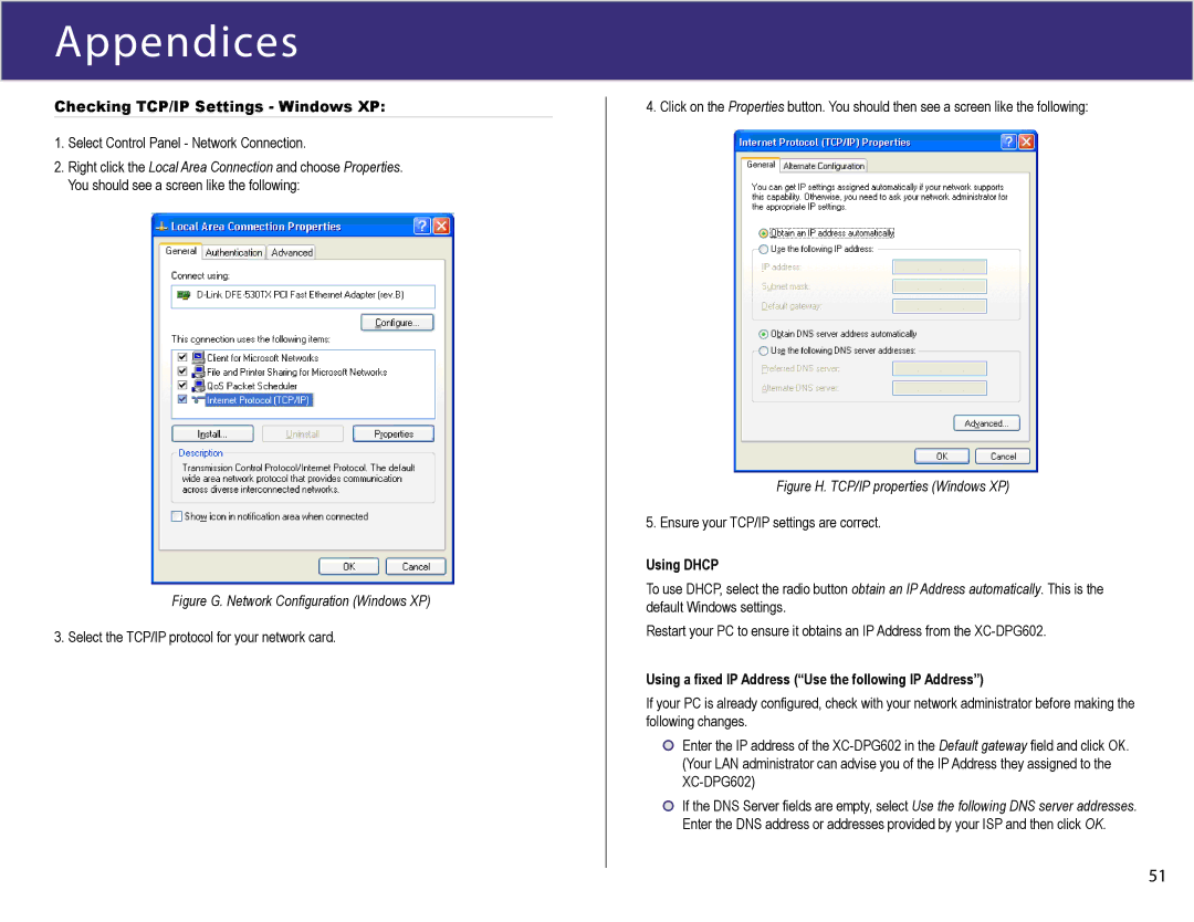 XiNCOM XC-DPG602 manual Checking TCP/IP Settings Windows XP, Figure G. Network Conﬁguration Windows XP 