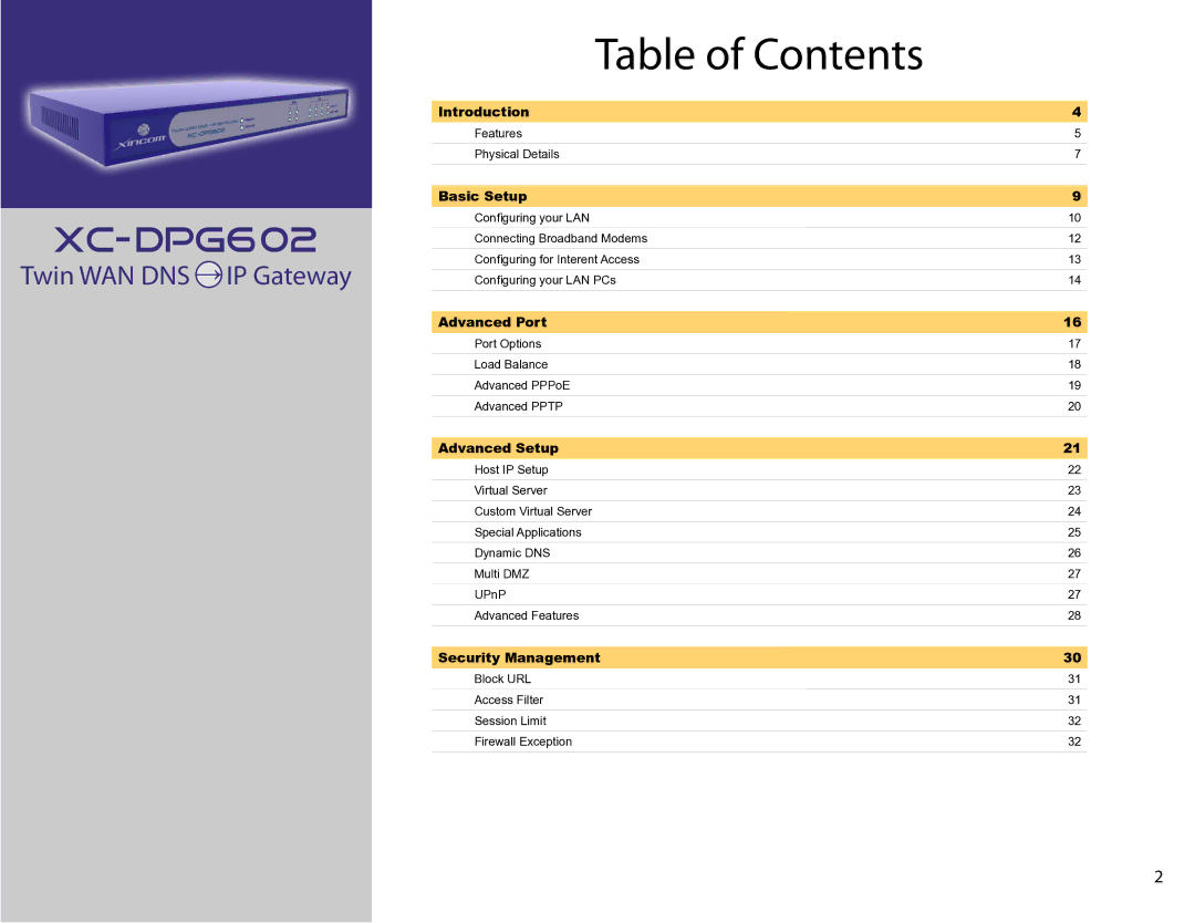 XiNCOM XC-DPG602 manual Table of Contents 