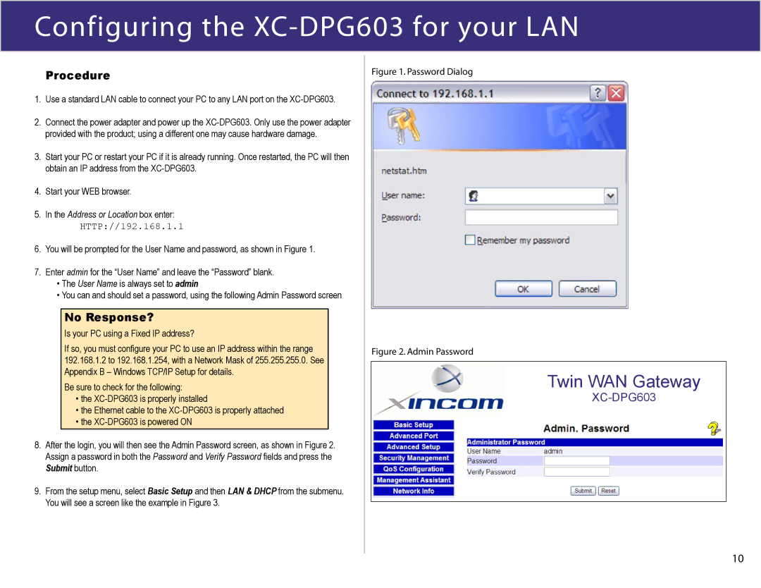 XiNCOM manual Configuring the XC-DPG603 for your LAN, Procedure, No Response? 