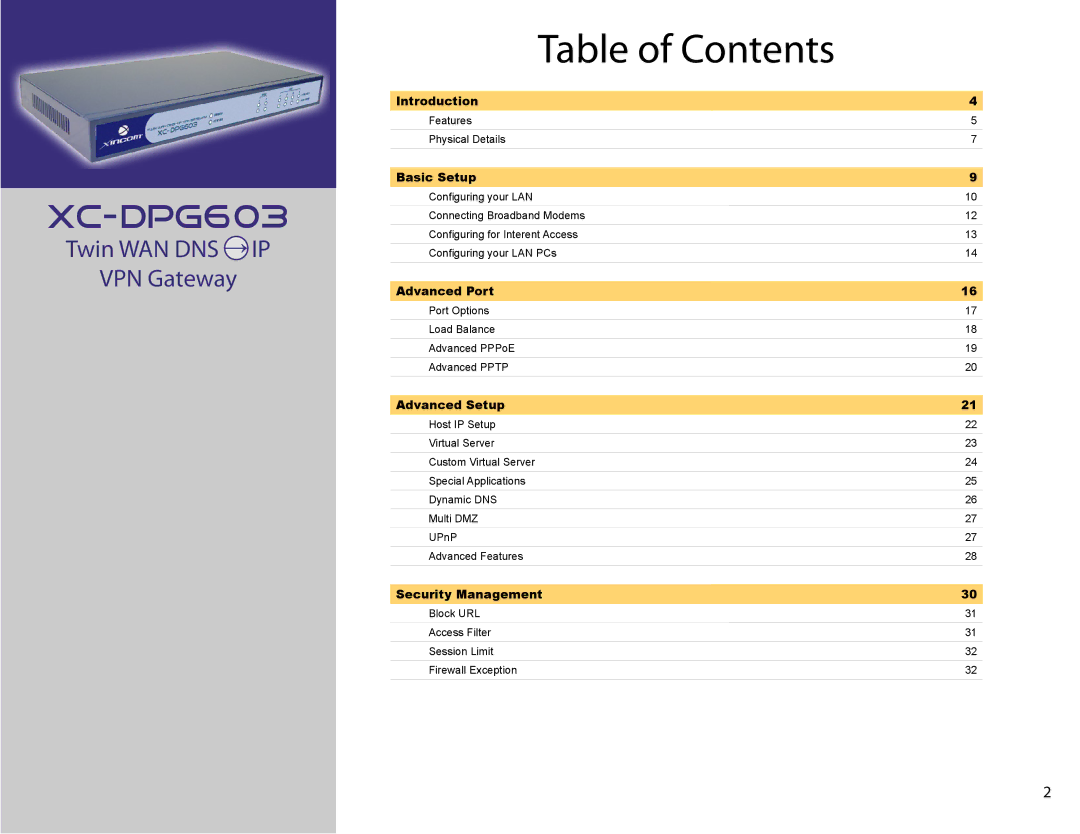 XiNCOM XC-DPG603 manual Table of Contents 