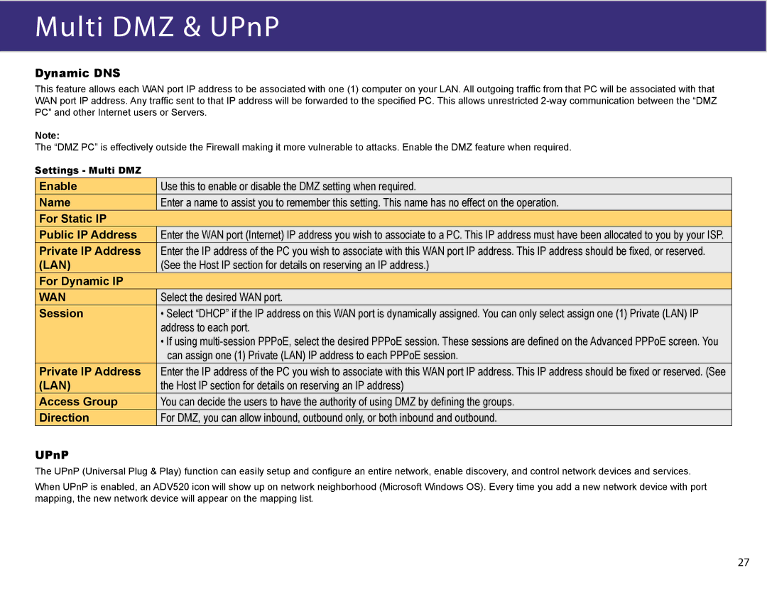 XiNCOM XC-DPG603 manual Multi DMZ & UPnP, For Dynamic IP, Select the desired WAN port, Private IP Address 