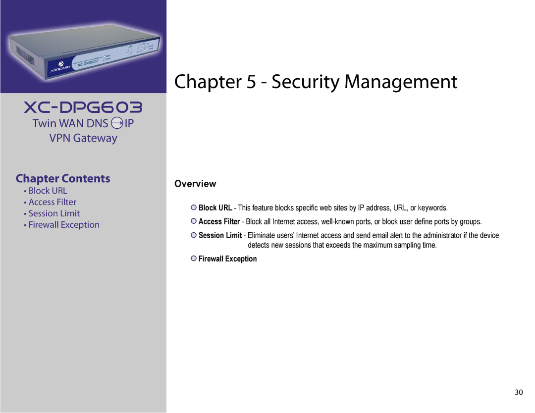 XiNCOM XC-DPG603 manual Security Management, Firewall Exception 