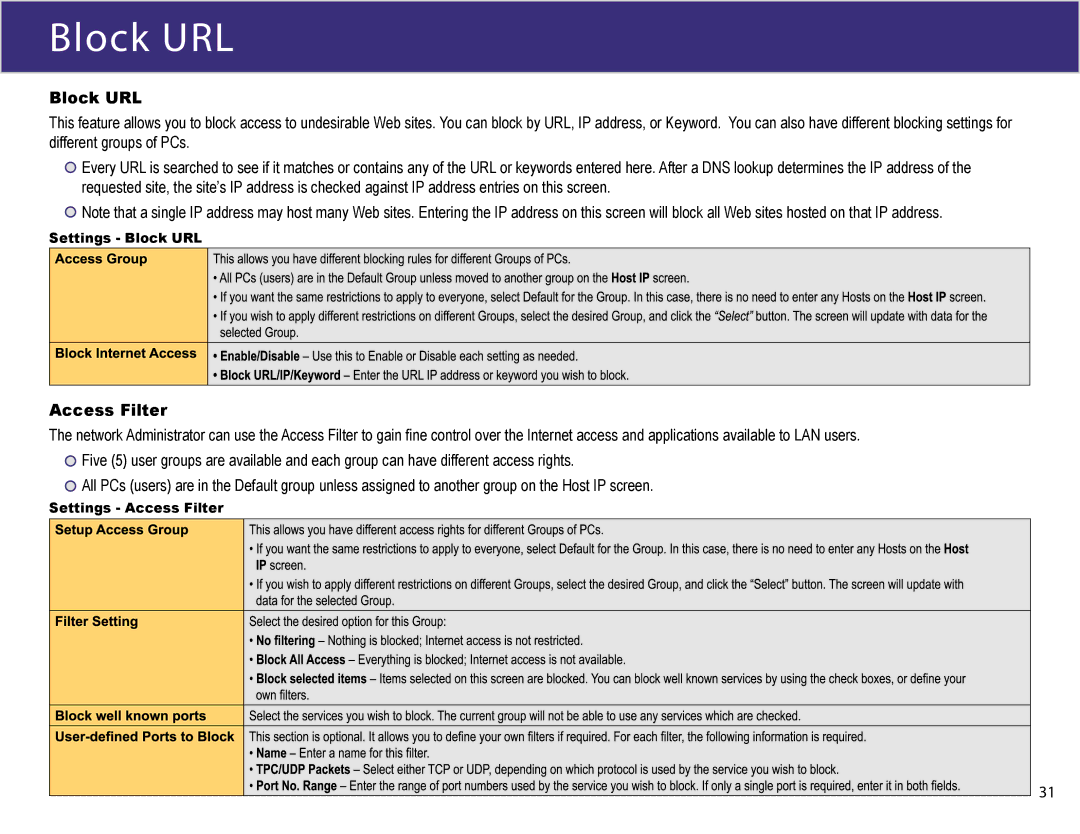 XiNCOM XC-DPG603 manual Settings Block URL, Settings Access Filter 