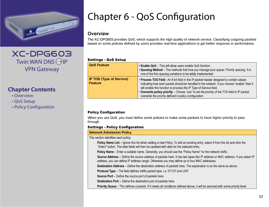 XiNCOM XC-DPG603 manual QoS Conﬁguration 