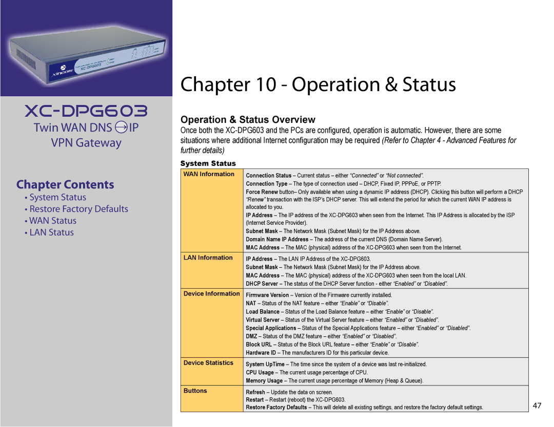 XiNCOM XC-DPG603 manual Operation & Status, System Status 