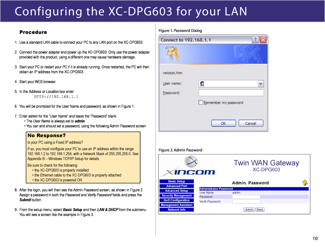 XiNCOM manual Configuring the XC-DPG603 for your LAN, Twin WAN Gateway, a Procedure, No Response? 