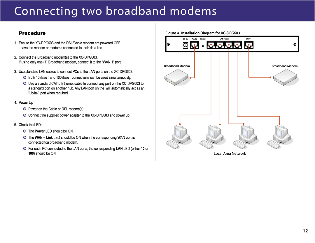 XiNCOM XC-DPG603 manual Connecting two broadband modems, a Procedure 