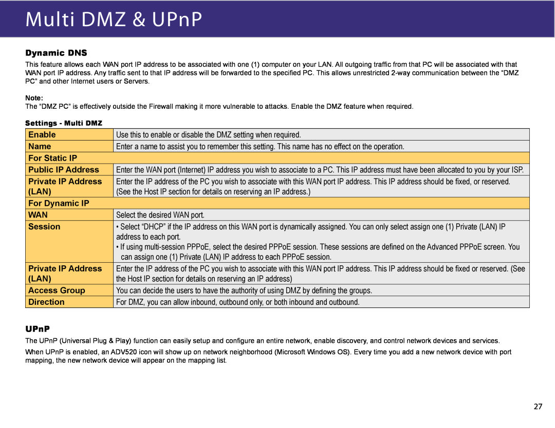 XiNCOM XC-DPG603 Multi DMZ & UPnP, Enable, Use this to enable or disable the DMZ setting when required, Name, Session 