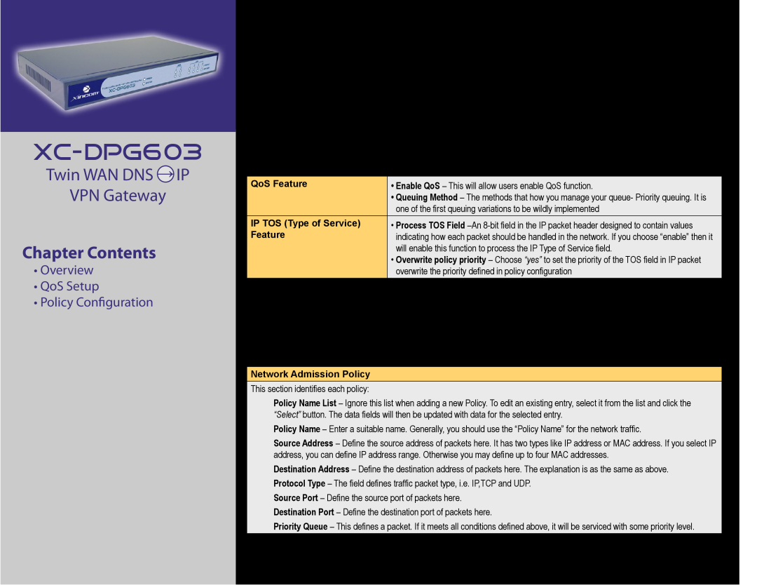 XiNCOM XC-DPG603 QoS Conﬁguration, Overview QoS Setup Policy Conﬁguration, Twin WAN DNS → IP VPN Gateway, Chapter Contents 