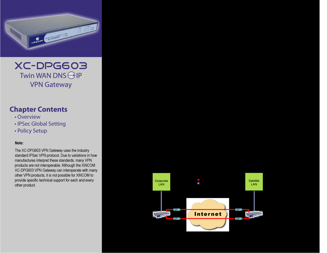 XiNCOM VPN Conﬁguration, XC-DPG603 Overview, Overview IPSec Global Setting Policy Setup, Twin WAN DNS → IP VPN Gateway 
