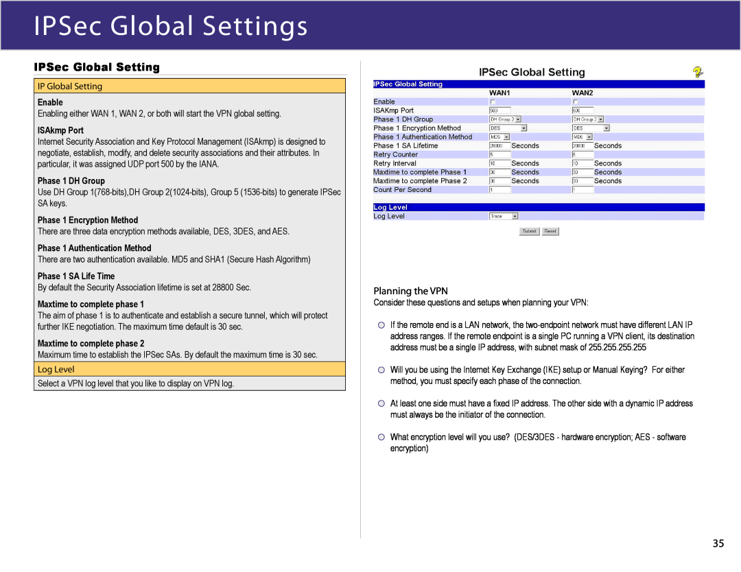 XiNCOM XC-DPG603 manual IPSec Global Settings, Planning the VPN 