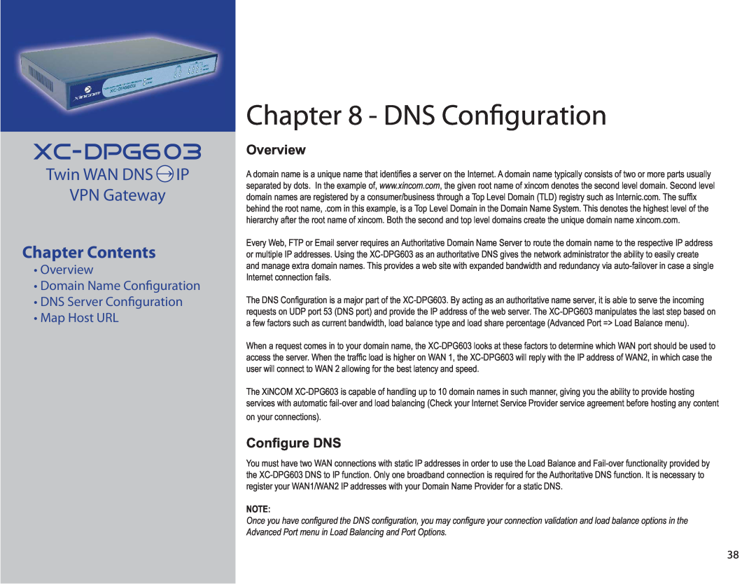 XiNCOM XC-DPG603 DNS Conﬁguration, Twin WAN DNS → IP VPN Gateway, Chapter Contents, Map Host URL, Overview, Conﬁgure DNS 