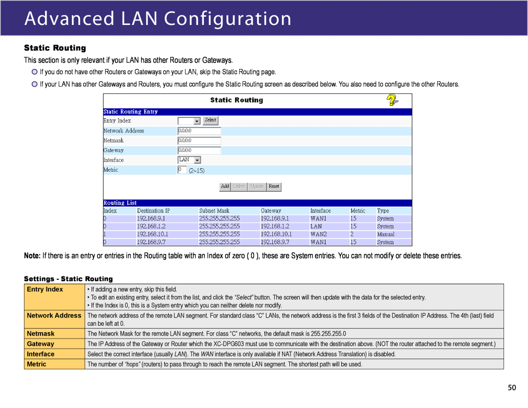 XiNCOM XC-DPG603 manual Advanced LAN Configuration, Static Routing 