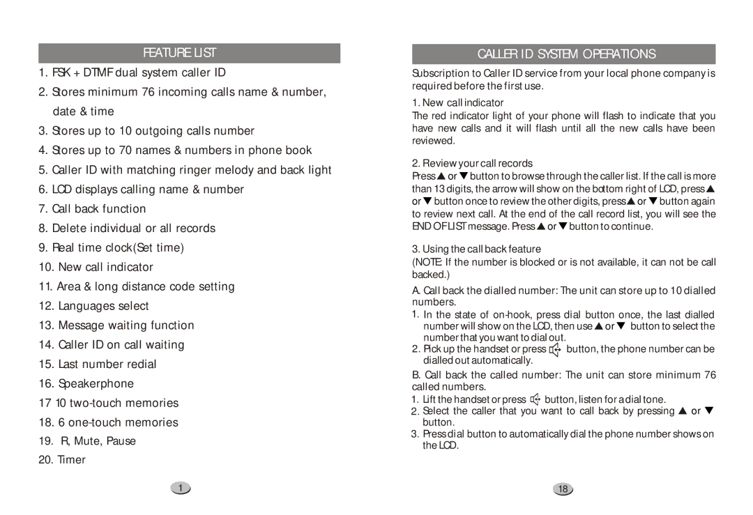 Xingtel Xiamen Electronics XL-2031IDW manual Feature List, Caller ID System Operations, New call indicator 