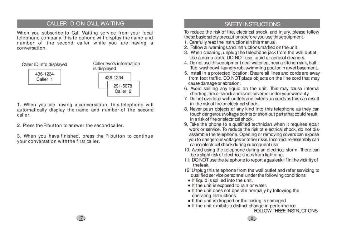 Xingtel Xiamen Electronics XL-2031IDW manual Caller ID on Call Waiting, Safety Instructions 