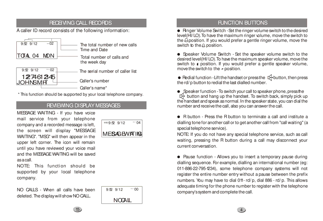 Xingtel Xiamen Electronics XL-2031IDW manual Receiving Call Records, Function Buttons, Reviewing Display Messages 