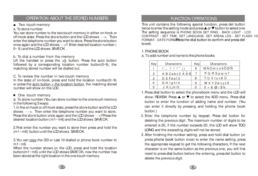 Xingtel Xiamen Electronics XL-2031IDW manual Operation about the Stored Numbers, Function Operations, One -touch memory 