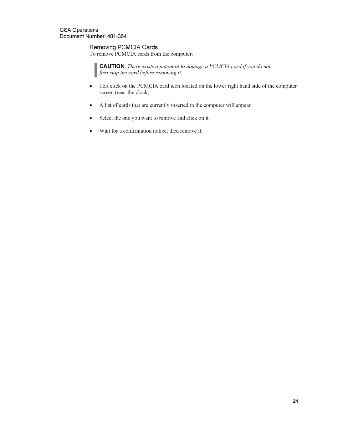 Xircom 1500 manual Removing Pcmcia Cards 