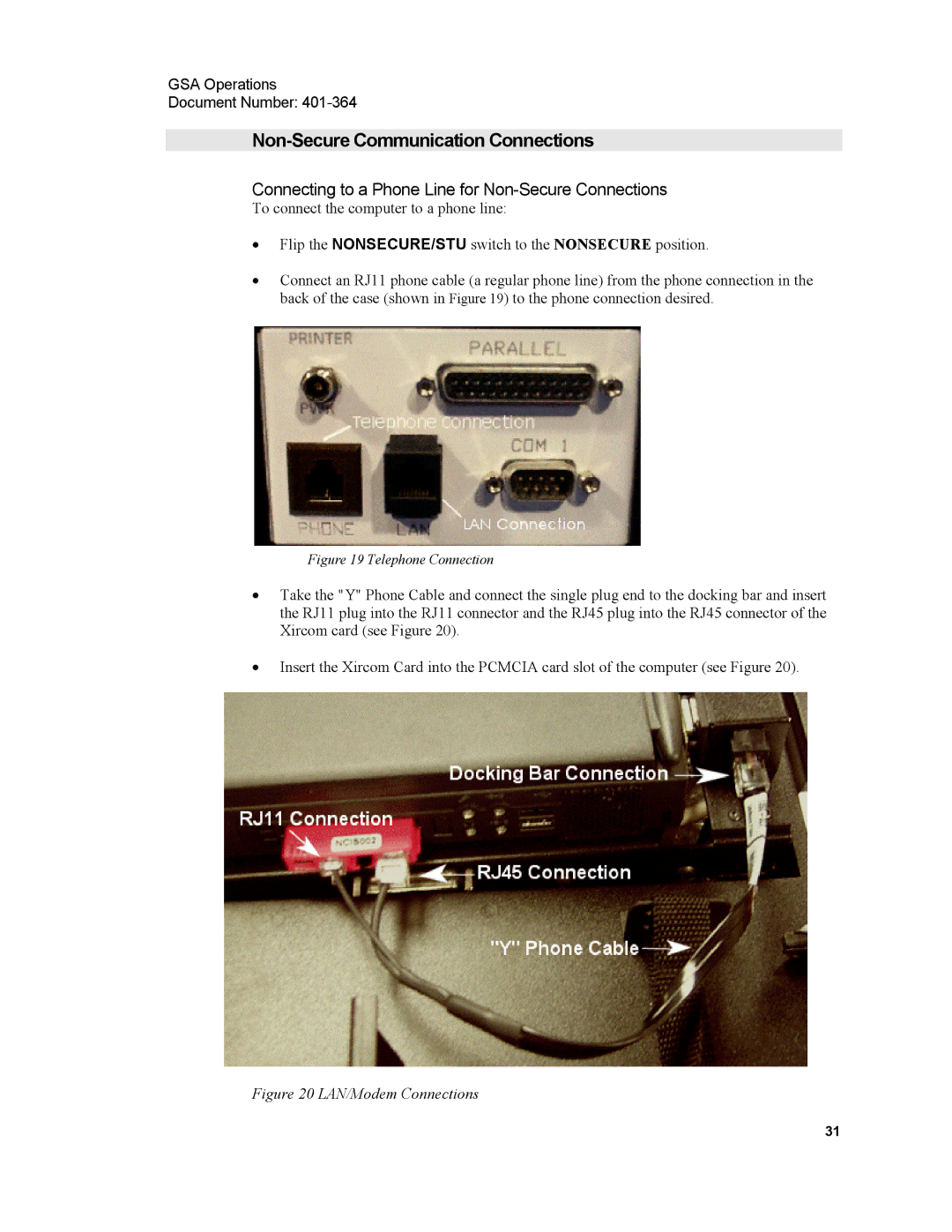 Xircom 1500 manual Non-Secure Communication Connections, Connecting to a Phone Line for Non-Secure Connections 