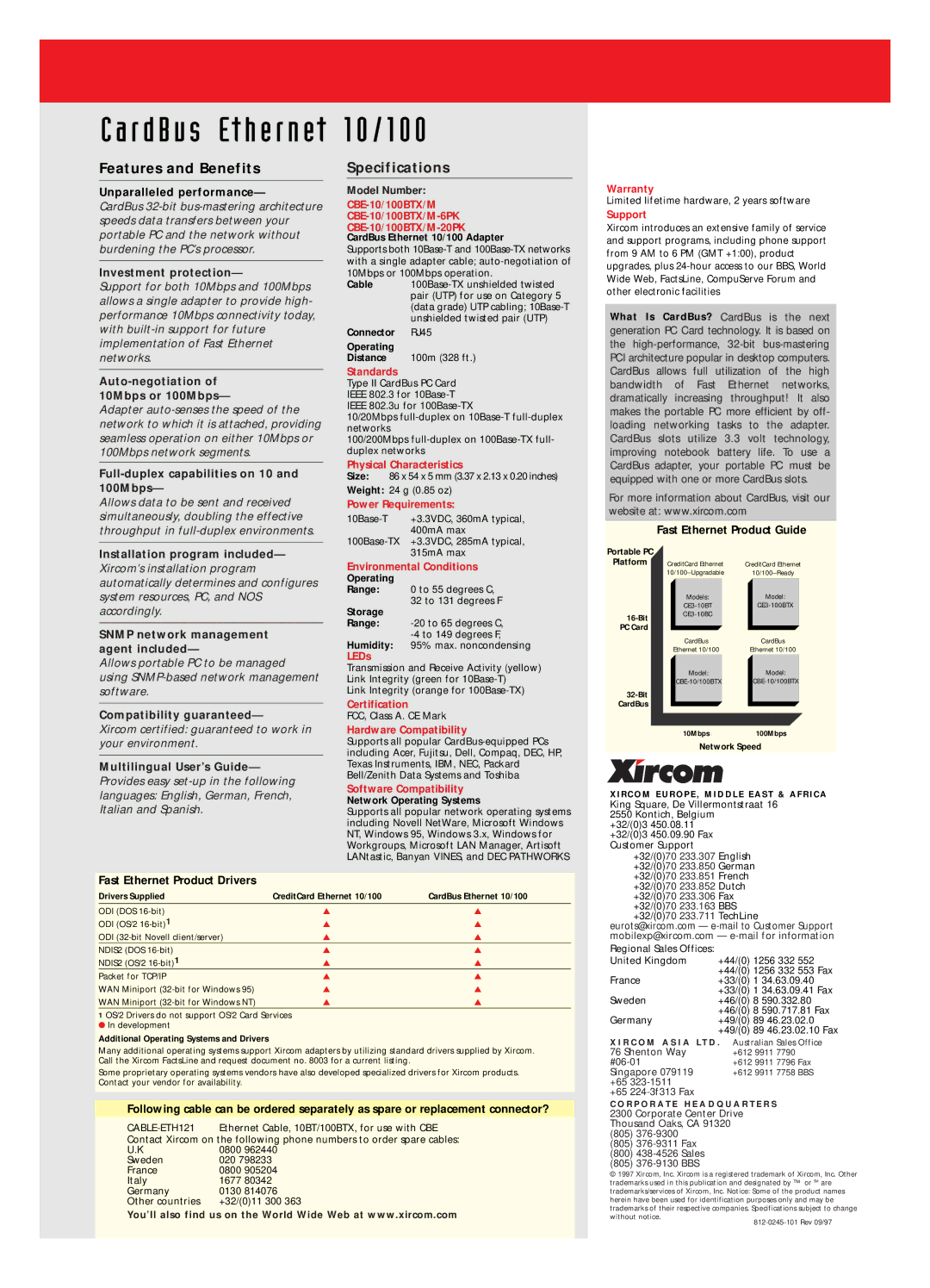 Xircom CE3-10BT, CE3-10BC, CBE-10 Unparalleled performance, Investment protection, Auto-negotiation of 10Mbps or 100Mbps 