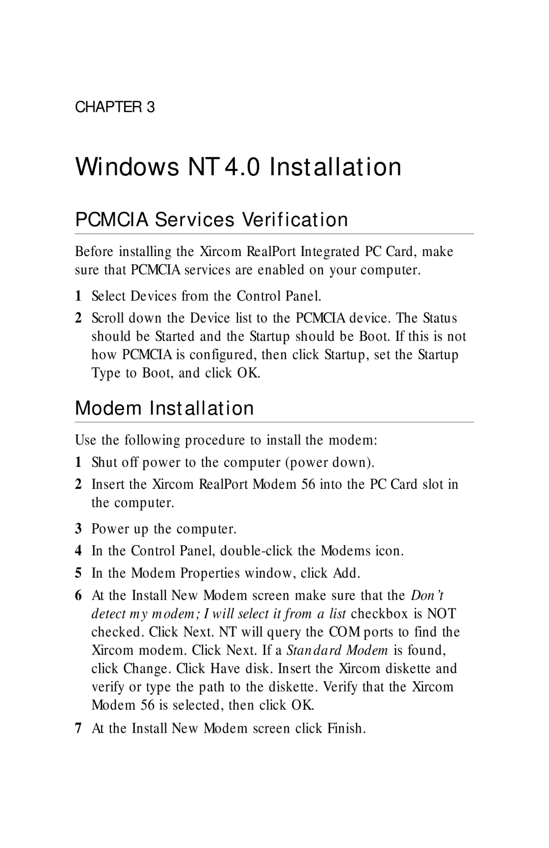 Xircom RM56V1 manual Windows NT 4.0 Installation, Pcmcia Services Verification, Modem Installation 