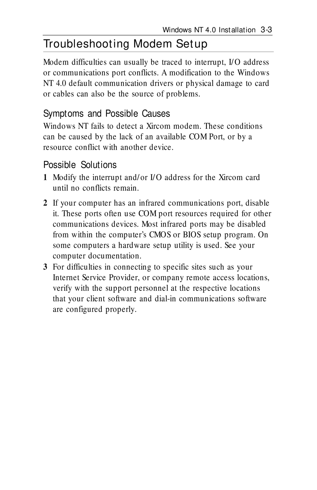 Xircom RM56V1 manual Troubleshooting Modem Setup, Symptoms and Possible Causes, Possible Solutions 