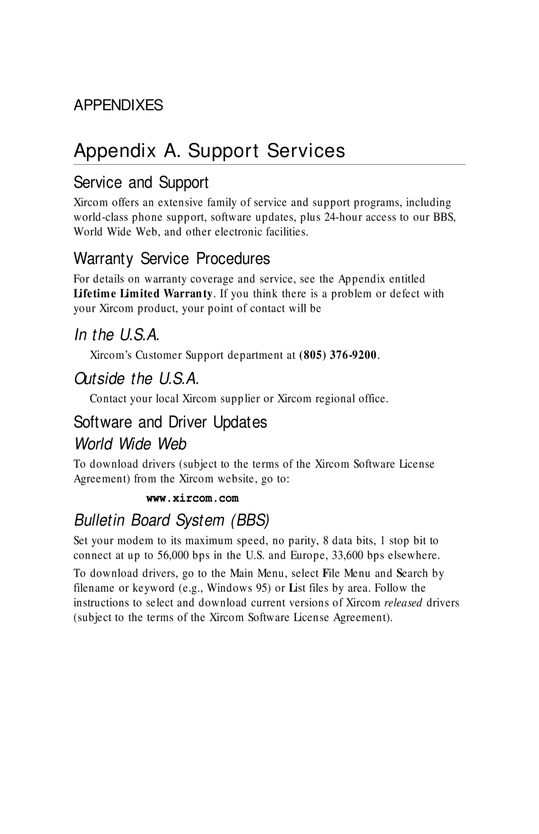 Xircom RM56V1 Appendix A. Support Services, Service and Support, Warranty Service Procedures, Software and Driver Updates 